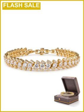 14K Gold Plated Tennis Bracelet Cubic Zirconia Ribbon Link 7.5"